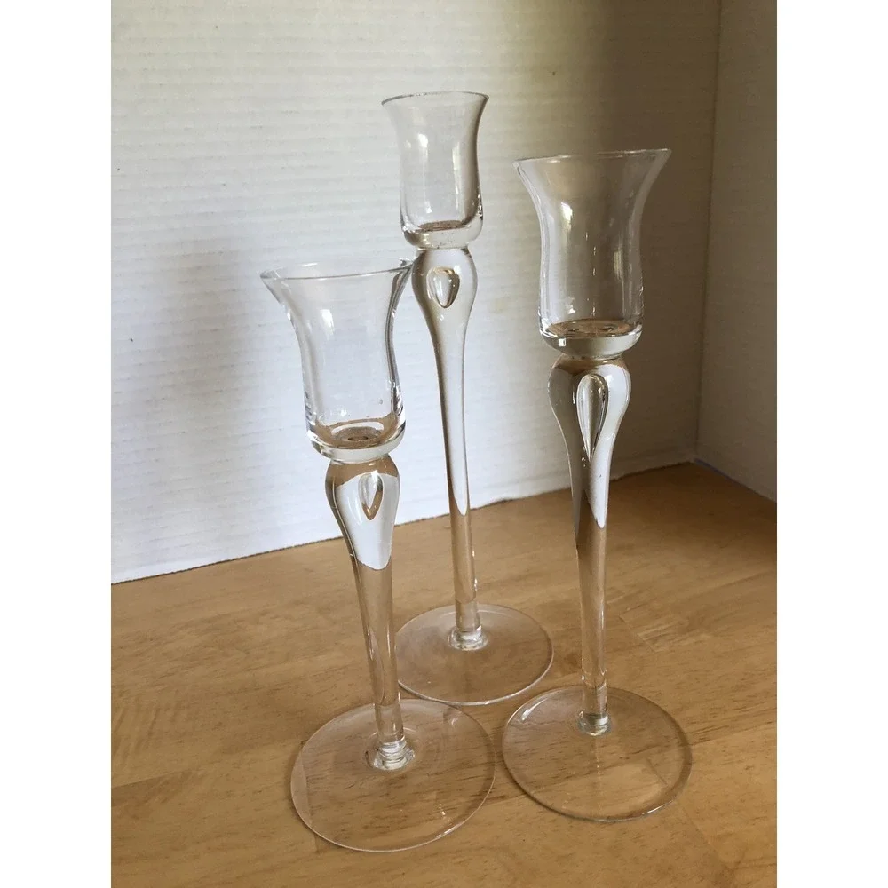 Set Of 3 Long Stem Clear Glass Graduated Hight Tapered Candle Holders